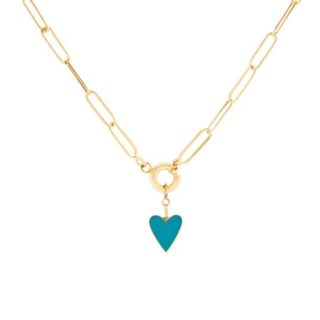Small Heart Charm Paperclip Necklace Blue