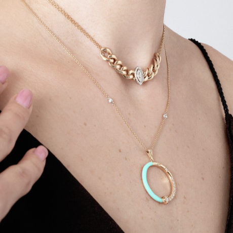 Circle Aqua Blue Half Enamel Pendant Diamond Necklace