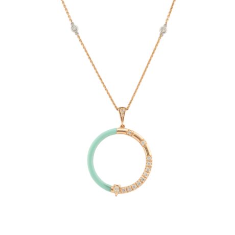 Circle Aqua Blue Half Enamel Pendant Diamond Necklace