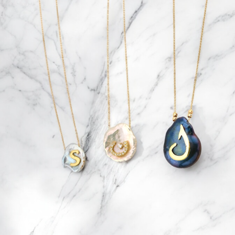 Dark Blue Baroque Pearl Initial Name Necklace